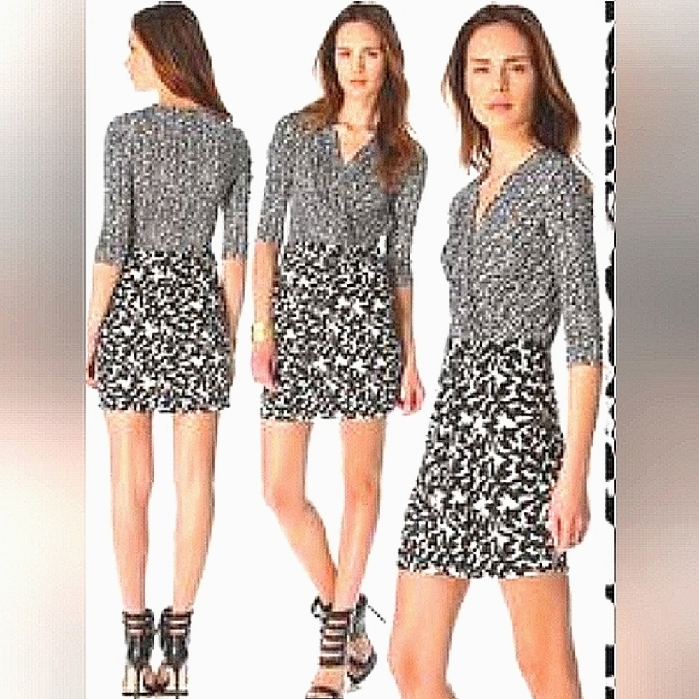 Diane Von Furstenberg Black and White Long Sleeve Wrap Dress